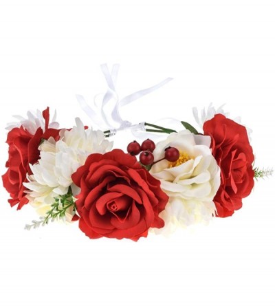 Headbands Day of The Dead Flower Headband Rose Flower Crown Headpiece - Red White - CY18XOXZ35N $29.07