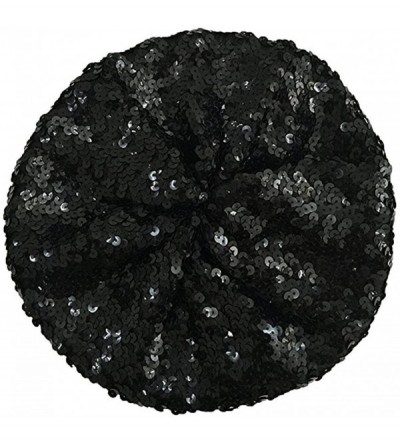 Berets Sparkly Sequins Beret Hat Glitter Mermaid Cap for Dancing Party Fancy Dress - Black - CA182RYG95Y $24.11