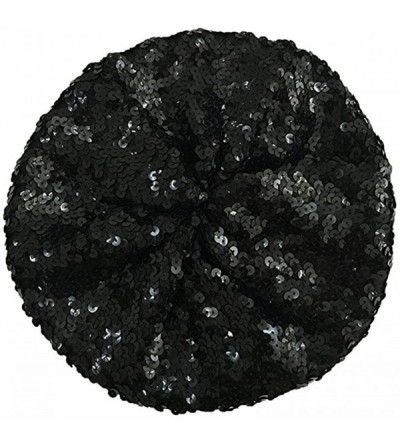 Berets Sparkly Sequins Beret Hat Glitter Mermaid Cap for Dancing Party Fancy Dress - Black - CA182RYG95Y $13.49