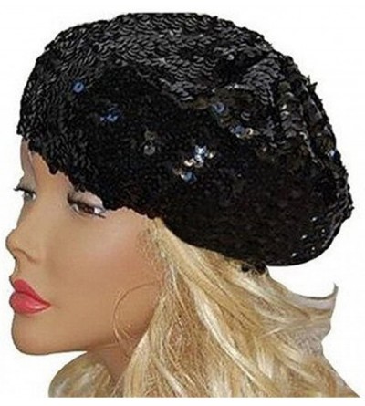 Berets Sparkly Sequins Beret Hat Glitter Mermaid Cap for Dancing Party Fancy Dress - Black - CA182RYG95Y $13.49