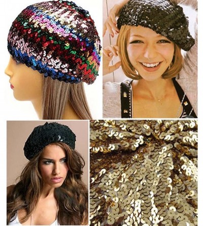 Berets Sparkly Sequins Beret Hat Glitter Mermaid Cap for Dancing Party Fancy Dress - Black - CA182RYG95Y $13.49