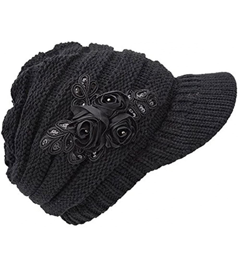 Skullies & Beanies C-US Women Winter Warm & Soft Knit Hat Crochet Visor Brim Cap with Flower Accent - Black - CQ184HMX8EW $17.38