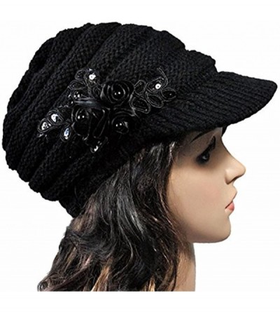 Skullies & Beanies C-US Women Winter Warm & Soft Knit Hat Crochet Visor Brim Cap with Flower Accent - Black - CQ184HMX8EW $17.38