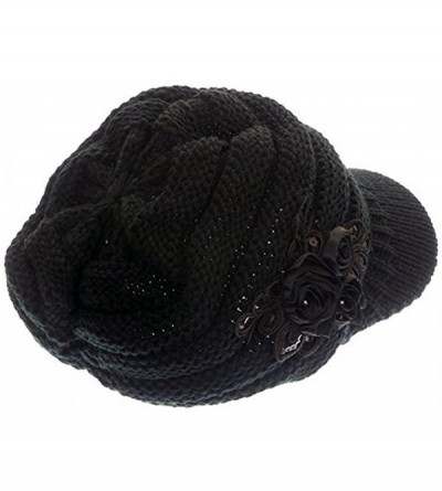 Skullies & Beanies C-US Women Winter Warm & Soft Knit Hat Crochet Visor Brim Cap with Flower Accent - Black - CQ184HMX8EW $17.38