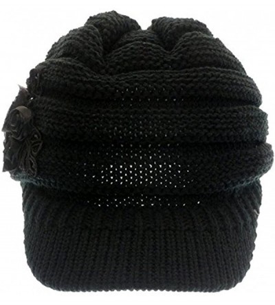 Skullies & Beanies C-US Women Winter Warm & Soft Knit Hat Crochet Visor Brim Cap with Flower Accent - Black - CQ184HMX8EW $17.38