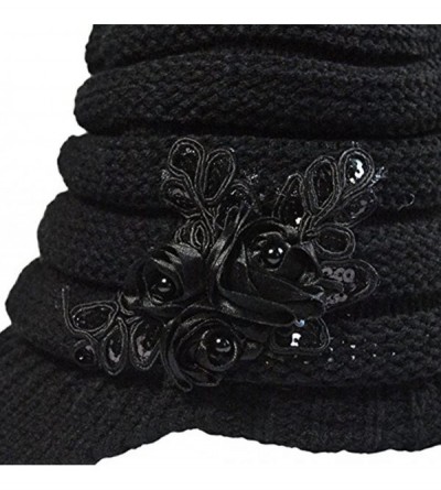 Skullies & Beanies C-US Women Winter Warm & Soft Knit Hat Crochet Visor Brim Cap with Flower Accent - Black - CQ184HMX8EW $17.38