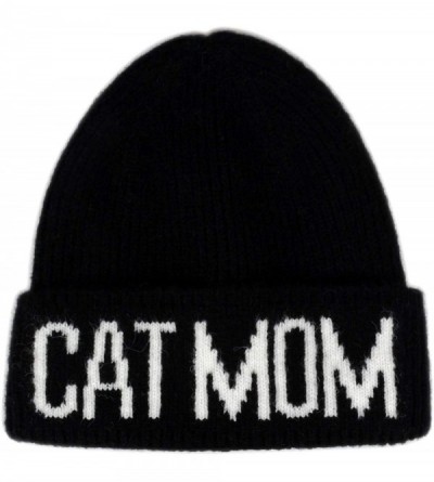 Skullies & Beanies Crazy Cat Lady Trendy Warm Soft Stretchy Cat Mom Knit Beanie Skully Toque - Black Hat White Cat Mom - CN18...