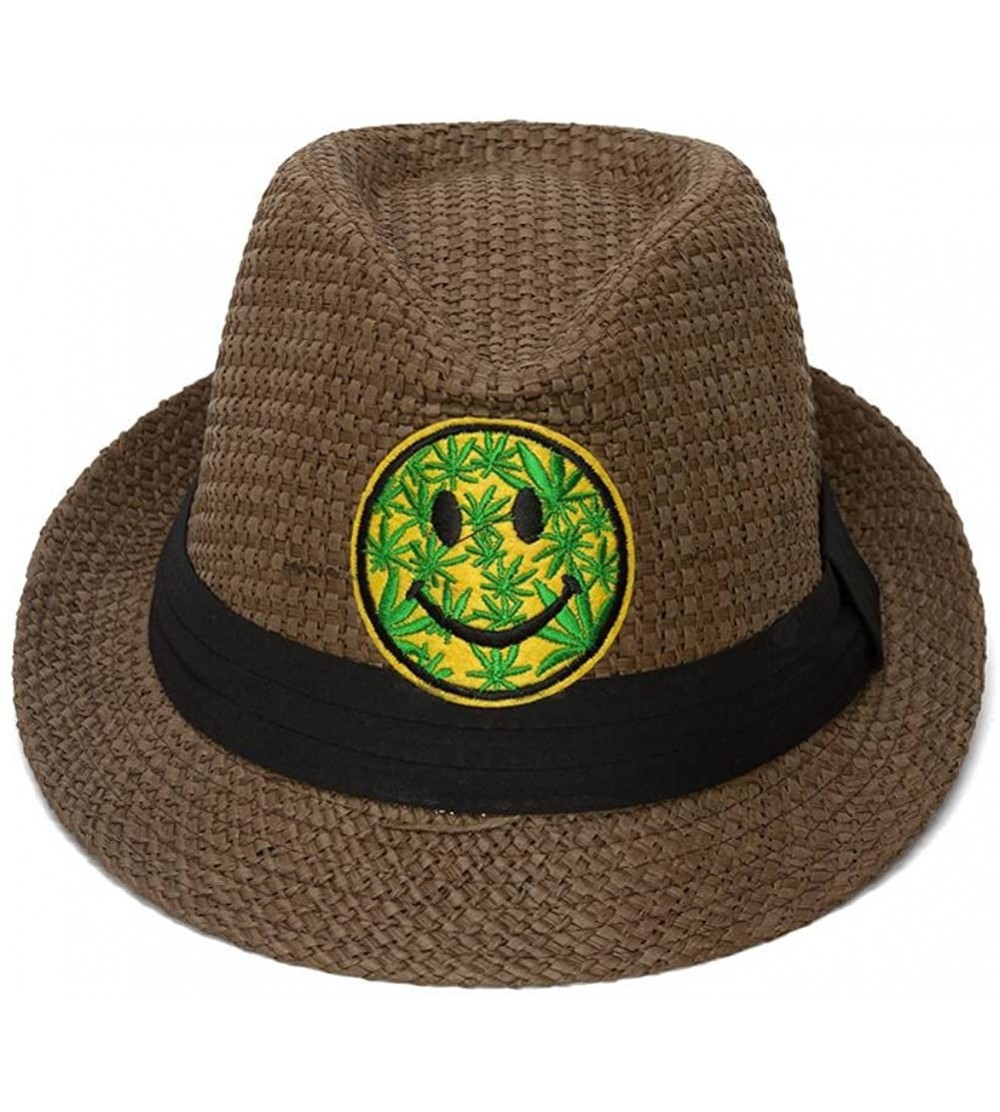 Fedoras Straw Fedora w/Patch (Various Fun Styles) - Weed Smiley Face - C81227DJ77V $7.42