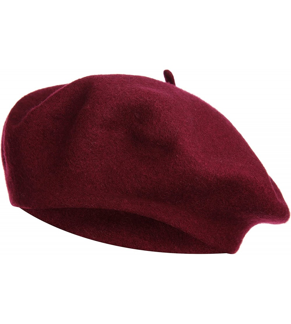 Berets French Style Classic Solid Color Wool Berets Beanies Cap Hats - Wine Red - CQ1945OE7MC $9.05