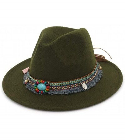 Fedoras Men Women Vintage Felt Fedora Hat Wide Brim Panama Hats with Buckle - B-belt Olive Green - C718SUHK5C9 $29.68