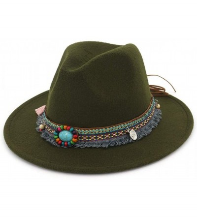 Fedoras Men Women Vintage Felt Fedora Hat Wide Brim Panama Hats with Buckle - B-belt Olive Green - C718SUHK5C9 $12.67