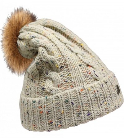 Skullies & Beanies Womens Cable Knit Winter Hat - With A Fleece Lining and Faux Fur Pom Pom - Confetti Khaki - CX193ESCSMM $1...