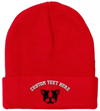 Skullies & Beanies Custom Beanie for Men & Women Boston Terrier Silly Face Embroidery Skull Cap Hat - Red - C518ZRAUM42 $16.79