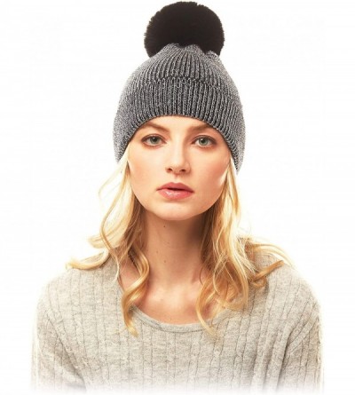 Skullies & Beanies Women's Winter Trendy Warm Faux Fur Pom Pom Fashion Knit Beanie Hats MM3003 - Black + Silver - CB18AQI4RKN...
