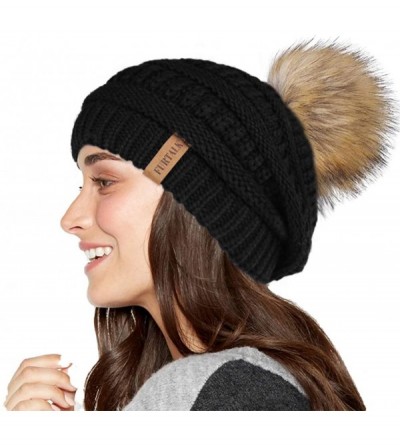 Skullies & Beanies Winter Slouchy Beanie Hats Women Fleece Lined Warm Ski Knitted Pom Pom Hat - 02-black - CG18554C3IQ $12.65