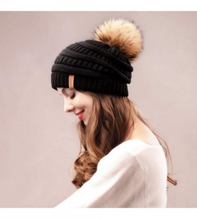 Skullies & Beanies Winter Slouchy Beanie Hats Women Fleece Lined Warm Ski Knitted Pom Pom Hat - 02-black - CG18554C3IQ $12.65