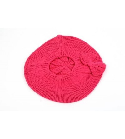 Berets Women's Fashion Knitted Beret Gill Pattern with Bow 162HB - Hot Pink - CF1107ER1LR $17.70