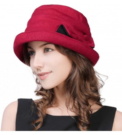 Bucket Hats Womens Wool Blend Winter Bucket 1920s Vintage Derby Hat Fedora Round Fall Bowler 55-59cm - 89369-burgundy - CV18I...