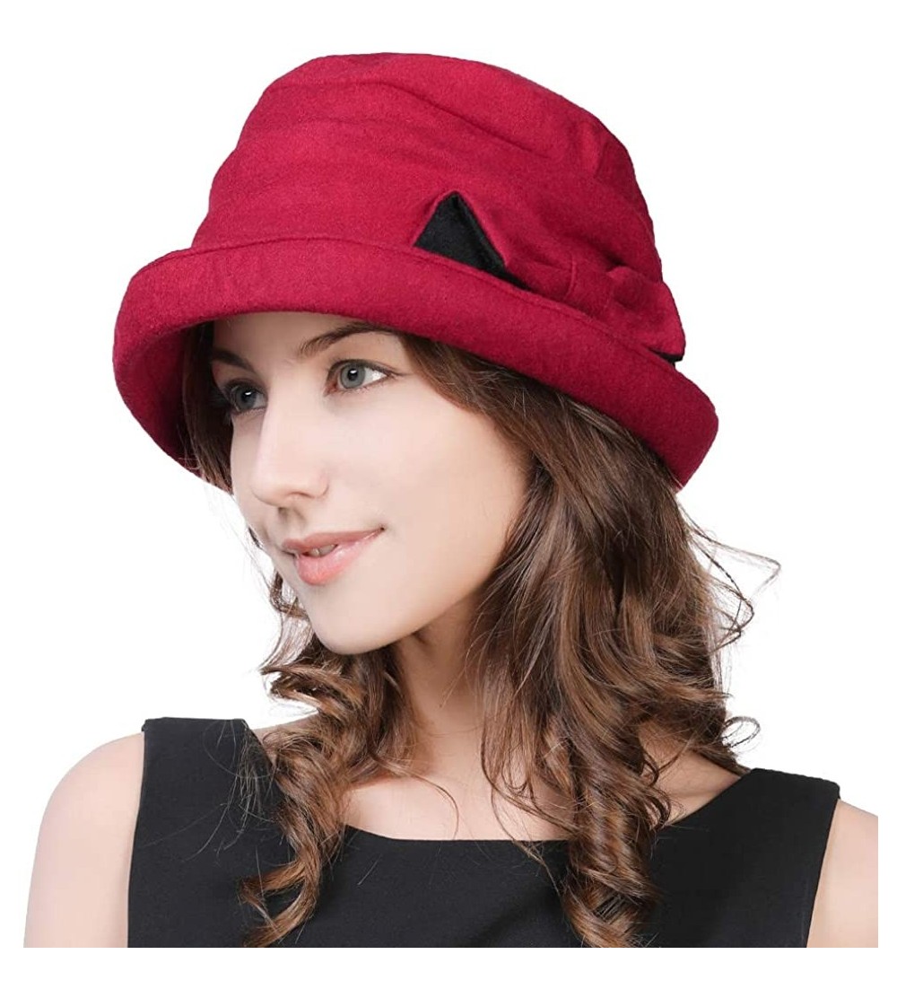 Bucket Hats Womens Wool Blend Winter Bucket 1920s Vintage Derby Hat Fedora Round Fall Bowler 55-59cm - 89369-burgundy - CV18I...