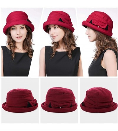 Bucket Hats Womens Wool Blend Winter Bucket 1920s Vintage Derby Hat Fedora Round Fall Bowler 55-59cm - 89369-burgundy - CV18I...