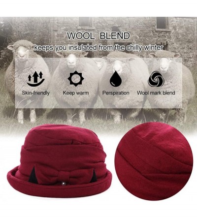 Bucket Hats Womens Wool Blend Winter Bucket 1920s Vintage Derby Hat Fedora Round Fall Bowler 55-59cm - 89369-burgundy - CV18I...