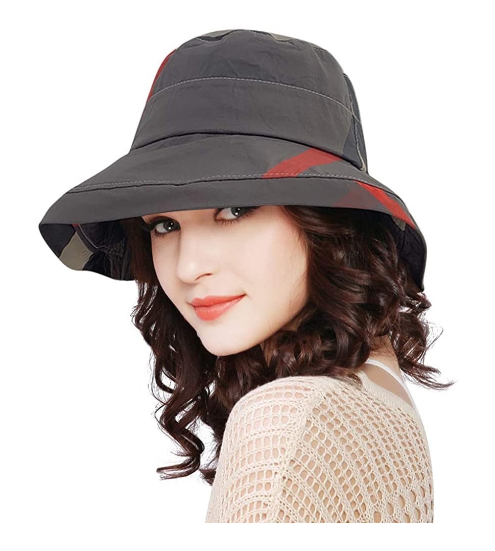 Bucket Hats Stylish Bucket Hats for Women Foldable Outdoor Plaid Fisherman Sun/Rain Cap with Chin Strap - A-darkgrey - C018R8...