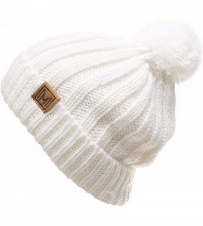 Skullies & Beanies Women's Oversized Chunky Soft Warm Rib Knit Pom Pom Beanie Hat with Sherpa Lined (White) - CU18IGTU8N5 $11.69