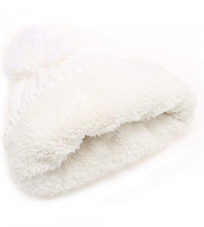 Skullies & Beanies Women's Oversized Chunky Soft Warm Rib Knit Pom Pom Beanie Hat with Sherpa Lined (White) - CU18IGTU8N5 $11.69