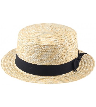 Sun Hats Unisex Straw Boater Cap Sailor Sun Hat Ribbon Band Beige - CQ18CO6NKLL $8.92