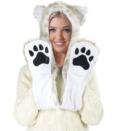 Skullies & Beanies Animal Hood Hat Scarf and Mitten Gloves 3-in-1 Multifunction Furry Hoodie - Leopard - C6186WS3WWZ $21.23