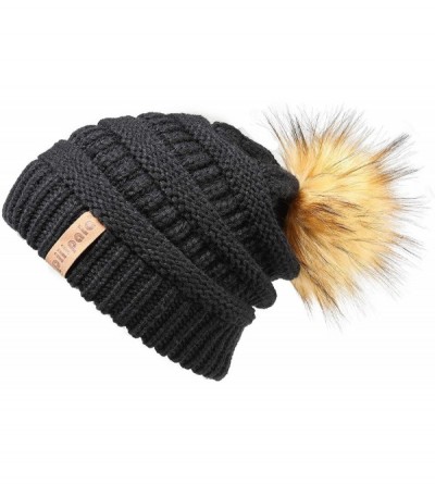 Skullies & Beanies Womens Winter Knit Beanie Hat Slouchy Warm Pom Pom Hat Faux Fur Caps for Women Ladies Girls - CZ18YLY3QWI ...
