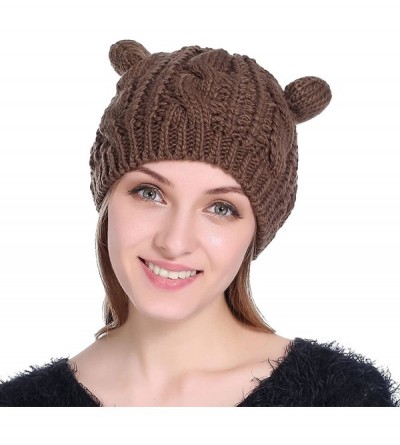 Skullies & Beanies Women Winter Thick Cable Knit Beanie Hat Cat Ear Crochet Braided Knit Caps - Brown - CT187ECUS3A $7.01