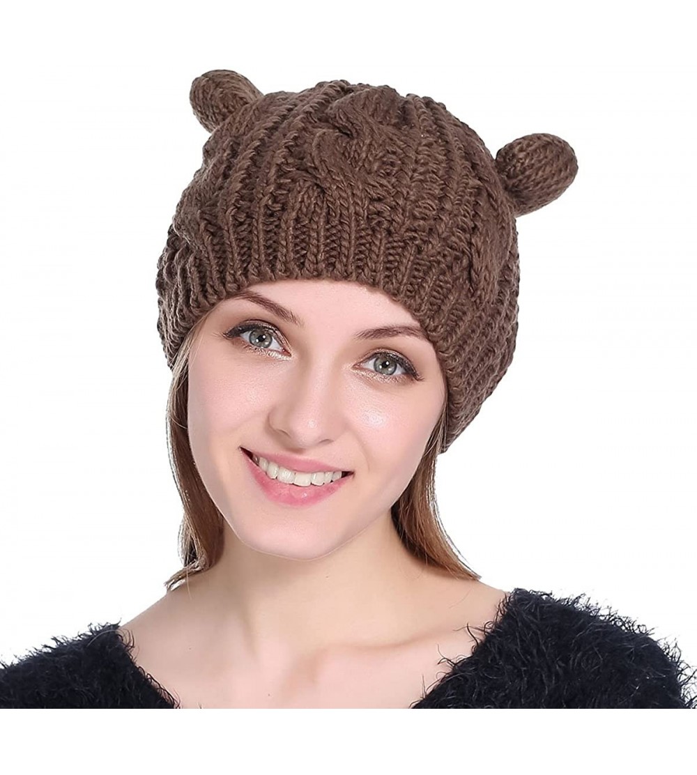 Skullies & Beanies Women Winter Thick Cable Knit Beanie Hat Cat Ear Crochet Braided Knit Caps - Brown - CT187ECUS3A $7.01