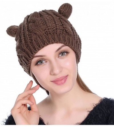 Skullies & Beanies Women Winter Thick Cable Knit Beanie Hat Cat Ear Crochet Braided Knit Caps - Brown - CT187ECUS3A $7.01