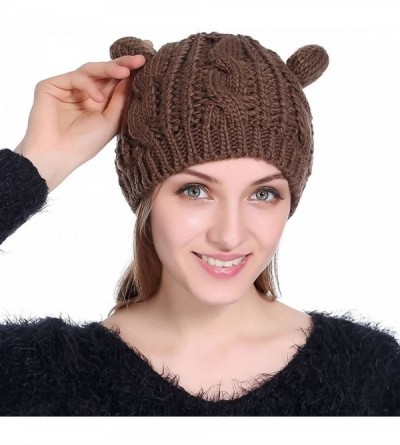 Skullies & Beanies Women Winter Thick Cable Knit Beanie Hat Cat Ear Crochet Braided Knit Caps - Brown - CT187ECUS3A $7.01