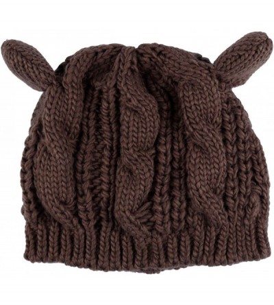 Skullies & Beanies Women Winter Thick Cable Knit Beanie Hat Cat Ear Crochet Braided Knit Caps - Brown - CT187ECUS3A $7.01