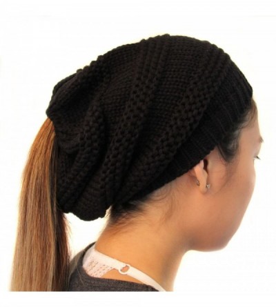 Skullies & Beanies Ponytail Ribbed Stretch Slouchy Beanie Hat - Black - CJ185C8RQIR $10.05