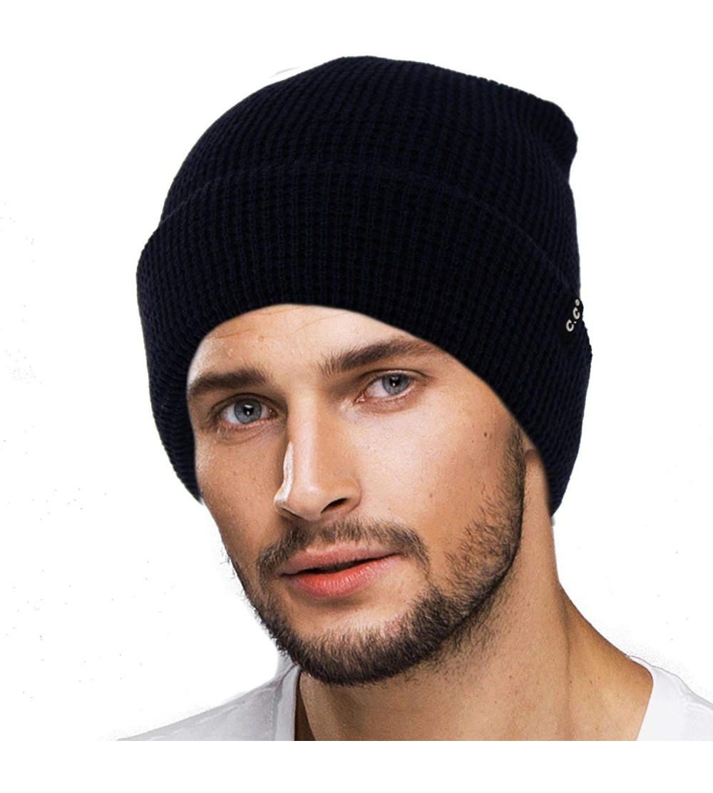 Skullies & Beanies Men's Winter Classic Soft Knit Stretchy Warm Beanie Skully Ski Hat Cap - Waffle Solid Navy - CL18I8QS9LT $...