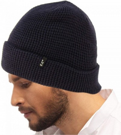 Skullies & Beanies Men's Winter Classic Soft Knit Stretchy Warm Beanie Skully Ski Hat Cap - Waffle Solid Navy - CL18I8QS9LT $...