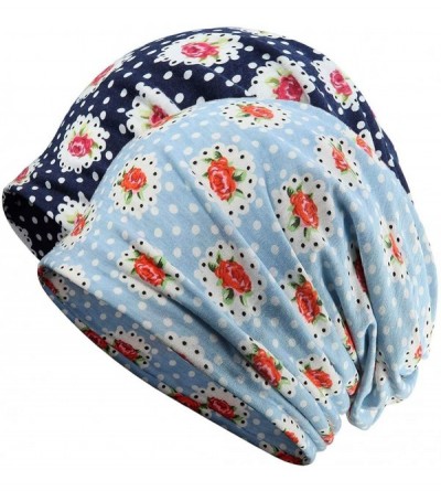 Skullies & Beanies Womens Slouchy Beanie Infinity Scarf Sleep Cap Hat for Hair Loss Cancer Chemo - 2 Pack Navy/Blue Rose - CI...