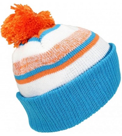 Skullies & Beanies Quality Striped Variegated Cuffed Beanie W/Pom (L/XL) - Aqua/Orange/White - CR186RN0KRI $10.49