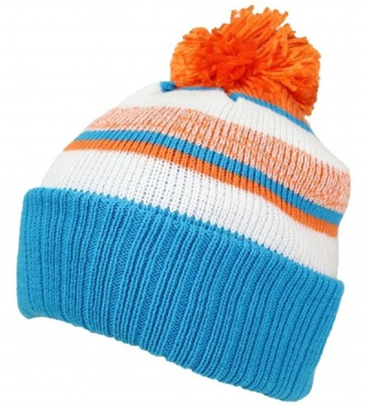 Skullies & Beanies Quality Striped Variegated Cuffed Beanie W/Pom (L/XL) - Aqua/Orange/White - CR186RN0KRI $10.49