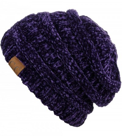 Skullies & Beanies Women's Chenille Soft Warm Thick Knit Beanie Cap Hat - Dark Purple - CR18IQG59YL $10.82