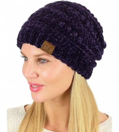 Skullies & Beanies Women's Chenille Soft Warm Thick Knit Beanie Cap Hat - Dark Purple - CR18IQG59YL $10.82