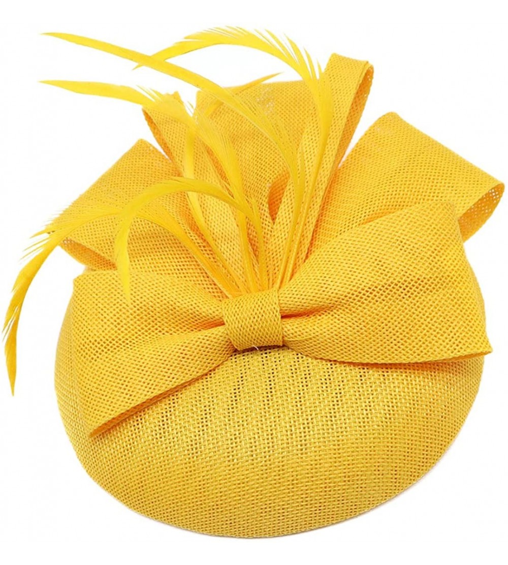 Berets Womens Fascinator Hat Sinamay Pillbox Flower Feather Tea Party Derby Wedding Headwear - A Yellow - CM18TRNC7D0 $11.56