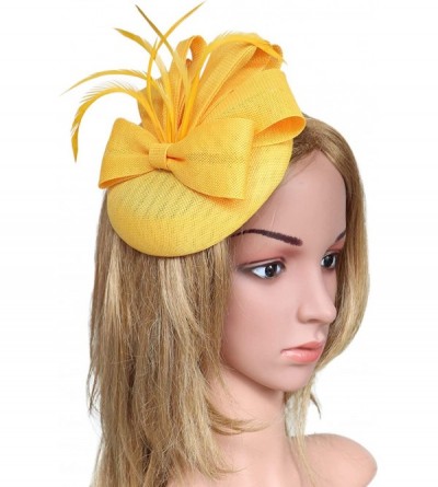 Berets Womens Fascinator Hat Sinamay Pillbox Flower Feather Tea Party Derby Wedding Headwear - A Yellow - CM18TRNC7D0 $11.56