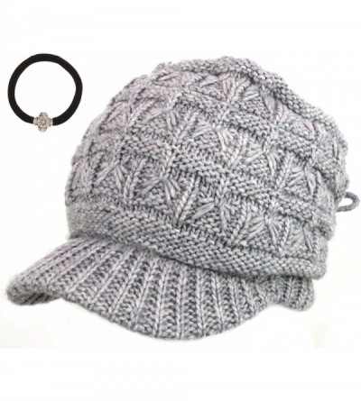 Skullies & Beanies Women's Cable Knitted Double Layer Visor Beanie Hats with Hair Tie - Wedge/Grey - CB12C6DV1MV $14.02