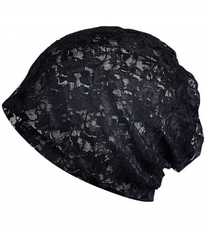 Baseball Caps Chemo Caps Sleeping Beanie Women Lace Flower Soft Turban Skull Cap - Black - C018HCNSGL8 $6.73