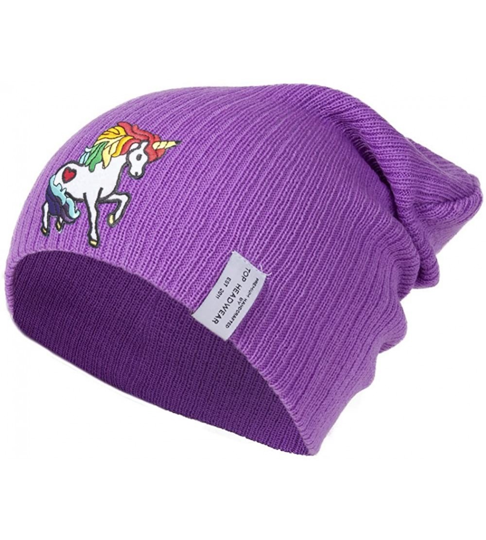 Skullies & Beanies Rainbow Unicorn Long Rib Beanie - Lavender - CH18606EKDC $8.46