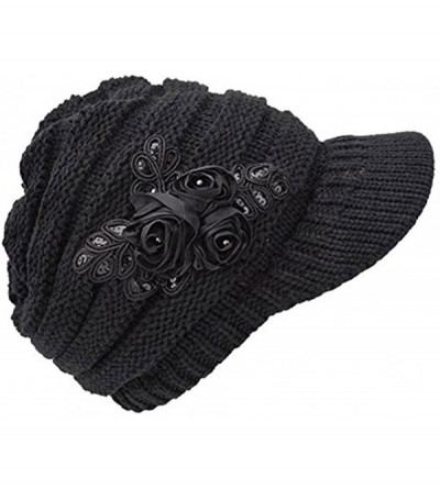 Skullies & Beanies Women Winter Warm Knit Hat Crochet Visor Brim Cap with Flower Accent - Black - CT18ICWL2W6 $15.45